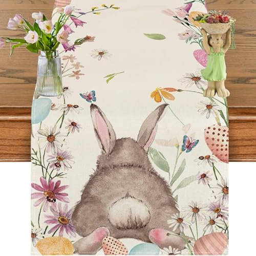 Ostern Hase Tischläufer, 33 x 120cm Leinen-Ostern-Tischläufer, Mode Osterei Ostern Tischläufer, Ostern Tischdekoration, Ostern Niedlicher Hase Esstischdecke für Zuhause, Esszimmer Party