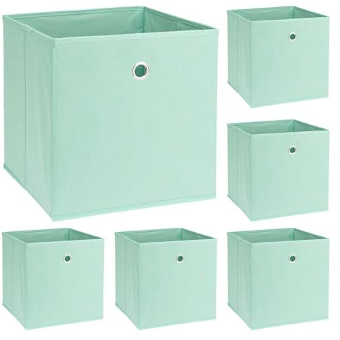 Murago - 6er Set Faltbox ca. 30x30x30 cm Pastell Mint - Würfel Aufbewahrungsbox faltbar Aufbewahrungskörbe Einschub Korb Boxen Grün Türkis Stoff für Kleidung Spielzeug Kinderzimmer Baby Klappbox