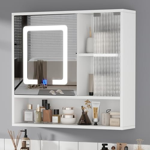 LSLIFE Bathroom Mirror Cabinets with LED lights, Wall Mounted 2 Door Bathroom Storage Cabinet White Modern Wall Hanging Storage Cabinet with Mirror 70 (W) x 65(H) x 17(D) cm (With Light)