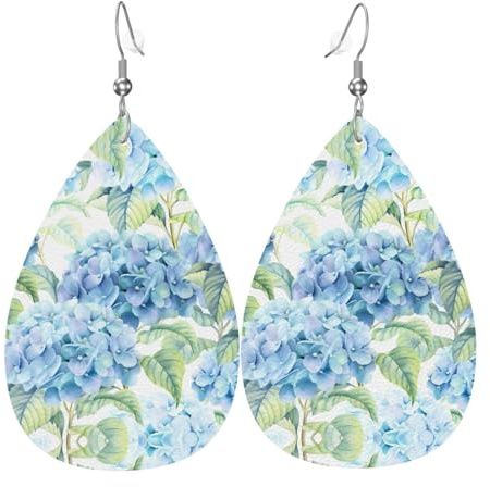 Hydrangea Watercolor Print Leather Earrings for Women â€“ Dangle Teardrop Earrings, Perfect for Parties and Costume Accessory, One Size, Leather, No Gemstone