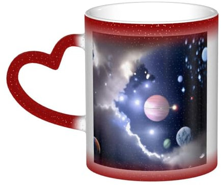 ELSMZXZD Heat Changing Coffee Mugs, Magic Color Changing Space Planet Ceramic Mug in The Sky, 11 Oz Coffee Mug Tea Cup with Heart-Shaped Handle, for Home Kitchen and Office