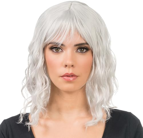 Chaks - Damen Bob Perücke mit Pony, Wellig 35 cm für Cosplay | Kurze lockige Haare aus Polyester, Karneval, Festival und Cosplay Accessoire, Damen Perücke