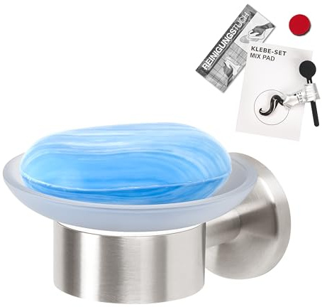 bremermann Bad-Serie Piazza Porte-savon avec kit adhésif, idéal pour salle de bain et douche, porte-savon en verre satiné et acier inoxydable, mat