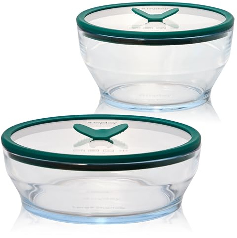 Anyday 4-Piece Large Glass Food Storage with Lids (Clear Kale) | Microwave Steamer, Plastic-Free Meal Prep, Stackable Airtight Storage Container, Vented Glass Lid, Microwave-Safe Reheating