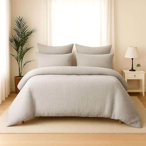 Wolkenfeld Musselin Bettwäsche 220x240 mit Reißverschluss – Aus 100 % Baumwolle – Atmungsaktiv & Weich – 2X Bettwäsche Musselin mit 2X 80x80 Kissenbezug Hellgrau