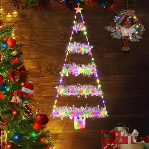 Christmas LED Ladder Lights with Remote Control, 2.29ft Wall Window Hanging Decorations Battery Christmas Lights with Timer, 8 Modes, Waterproof Ladder Christmas Tree Light Xmas Decor for Home Garden