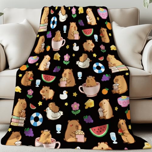 GLOBLELAND Geschenk Decke 150x130CM Sommer Cartoon Capybara Sohn Tochter Geschenk Geburtstagsgeschenk Geschenke für Frauen Männer Wassermelone Wohn-Decke Flanell Kuscheldecke