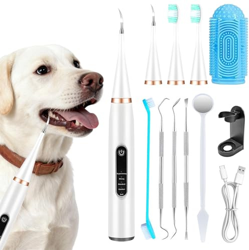 NEUFOOD Zahnsteinentferner Ultraschall Für Hunde Und Katzen, Zahnsteinentferner Hund, 12-Teileiges Zahnpflegeset, 5 Reinigungsmodi, Hundezahnbürste, Fingerzahnbürste, Entfernen Sie Zahnbelag