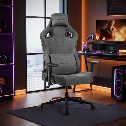 Devoko Chaise Gaming Ergonomique en Tissu Respirant, Accoudoirs 3D Réglables, Dossier Inclinable 90°–135°, Coussin Lombaire et Appui-Tête Réglables, Base Métallique, Gris Foncé