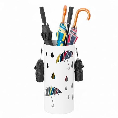 Arreditaly Porte-parapluie rond en acier galvanisé avec bac d'égouttement et 4 crochets amovibles, base antidérapante, design moderne, pour entrée maison et bureau, 41 x 17 cm (blanc)