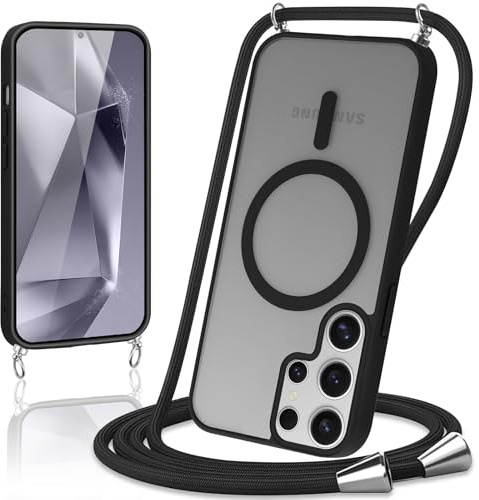 Knrlqim Magnétique Coque pour Samsung Galaxy S24 Ultra avec Cordon,Compatible avec MagSafe,Etui Translucide Mat Arrière Housse Fine Antichoc, Réglable Collier Lanière Étui Portable Lanyard Case,Noir