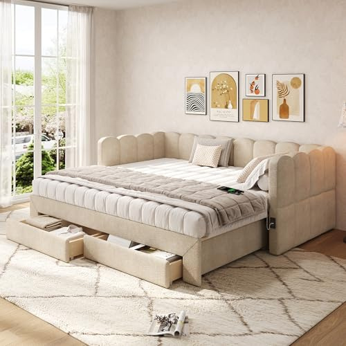 ModernLuxe Upholstered Sofa Bed with 2 Storage Drawers and USB Port, 3FT Single Day Bed Extendable to 180 cm, Pull Out Trundle for Living Room or Bedroom, Beige Chenille, 90 x 190 cm