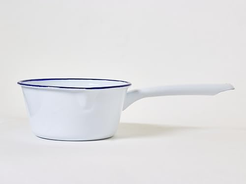 Cazo para Leche Esmaltado con Pico Vertedor – 15 cm Diámetro – Apto para Inducción, Gas y Vitro – Blanco con Ribete Azul