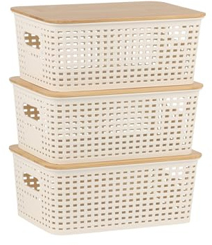 Relaxdays Aufbewahrungsbox, 3er Set, mit Deckel, Kunststoff & Bambus, mit Griffen, HBT: 10,5x25,5x18 cm, Organizer, weiß