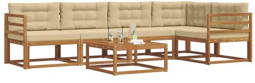 vidaXL Outdoor-Sofagarnitur mit Kissen 6 pcs Natur und Beige, Gartenmöbelset, modernes Patiosofa, Robustes modulares Lounge-Set, Outdoor-Sitzgelegenheit für Garten, Poolbereich, Akazienholz