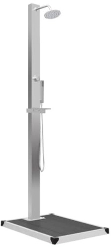 Ziaphsol Doccia da giardino con elemento di fondo in WPC e acciaio inox, pannello doccia con doccia a pioggia e doccetta, acciaio inox spazzolato 201, 210 cm, 80 x 62 cm, per piscina e spa