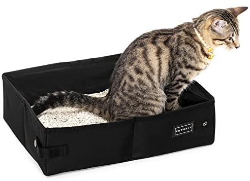 PETSFIT Small Cat Litter Box, Waterproof Bottom, Zipped Top Covered Cat Travel Toilet, Standard Portable Collapsible Litter Carrier for Cats, Leak-Proof, Lightweight Black, 40cm x 30cm x 12cm