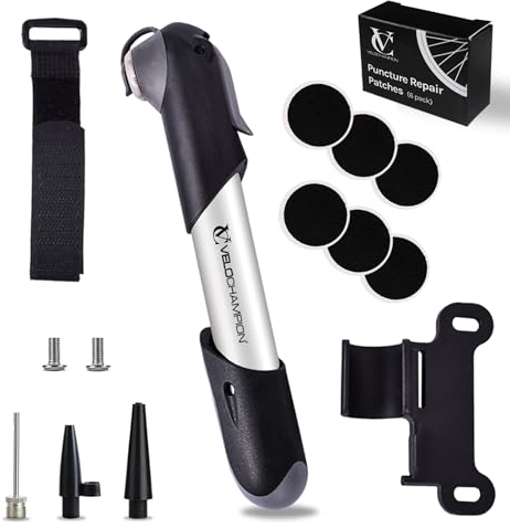 VeloChampion Mini Bicycle Pump with Frame Mount. Portable Alloy Pump For Presta, Schrader and Dunlop Valves. Suitable for All Bikes - Road, Mountain & BMX (Alloy 7 with patches)