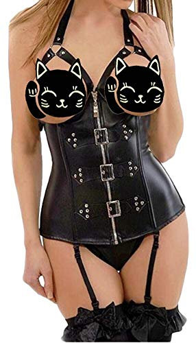 EUDOLAH Damen Korsage Korsett mit Stahlknochen Unterbrust Leder Reißverschluss Stahlstäbchen 2XL