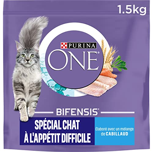PURINA ONE | BIFENSIS | Chat Adulte à l'appétit difficile | Croquettes | Stimule l'appétit du Chat, Haute digestibilité| Goût savoureux au Cabillaud, à la Truite | Sac | Lot de 6 x 1,5 Kg
