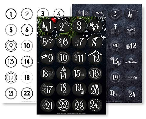 Adventskalender Aufkleber Set (Zahlen 1-24) - 3 x 24 Sticker für Kalender zum selber basteln für Weihnachten - Adventskalenderzahlen Etiketten selbstklebend - Zahlenaufkleber - Nummern Papiertüten