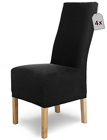 SCHEFFLER-Home Stuhlhussen Stretch Luna-Lang/Stuhlüberzug 4er Set Schwarz/elastische Flanell Stuhlabdeckungen/Stuhlhussen Schwingstühle/Spann-Bezug Stuhl Überwurf als eleganter Schonbezug
