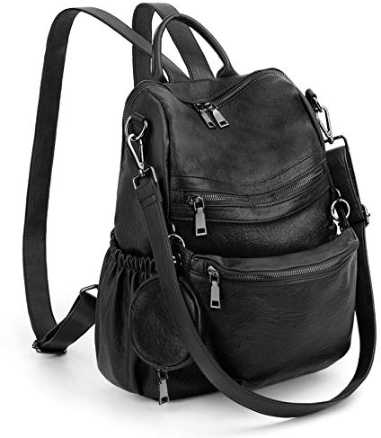UTO Damen Rucksack Leder PU mit abnehmbarer Bauchtasche Umhängetasche Schule Schulrucksack Rucksackhandtaschen Multifunktionsrucksack Große Kapazität Schultertaschen Reißverschluss Schwarz