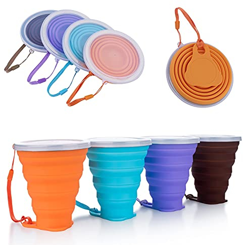 LYY Tasse en silicone pliable, ensemble de tasse en silicone portable réutilisable avec couvercle hermétique, tasse de voyage pliable sans BPA pour pique-nique, camping, randonnée, voyage（270ml,4-A）