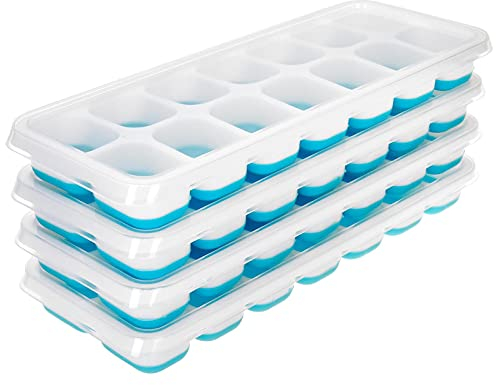 ASAB Ice Cube Tray 4 Pack 56 Cube Easy Release Ice Cubes Silicone Trays Spill-Resistant Removable Stackable Lid Durable Dishwasher Safe BPA Odour Free Freezer Save Space Drinks Baby Food Ice Mold Blue