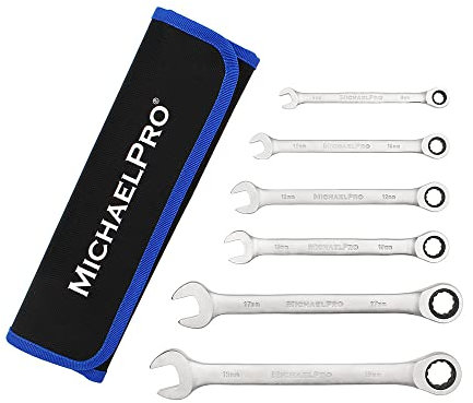 MichaelPro MP001121 Ringmaulschlüssel-Satz mit Ratschen, metrisch, 6-teilig, 8,10,12,13,17,19mm, Maulschlüssel mit Rolltasche