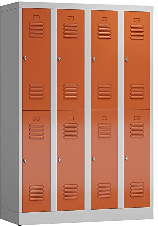 Lüllmann 8 Fächer Schließfachschrank Spind Kleiderspind 4 Abteile 1800 x 1200 x 500 mm (RAL 7035/3000 lichtgrau/feuerrot)