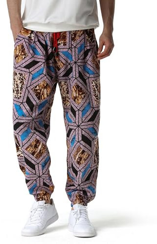 MakingDa Herren-Jogginghose aus Baumwolle mit elastischem Bund, Paisley bedruckter, Hippie-Stil Weite Beinhose, Lockere Passform, bequem für Strand, Spazierengehen, Laufen und Joggen-2-XL
