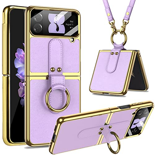 Miimall Custodia con Cordino per Samsung Z Flip 4, Telaio Antiurto Elettroplaccato con Pcellicola Protettiva HD Camara Cover, Regolabile Anello Cavalletto in Pelle Case per Galaxy Z Flip 4, Viola