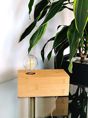 Trango 2020N-8W Tischleuchte *WOODY* Nachttischlampe Holz Natur, Retro Landhaus-Look 20x10x8cm mit Schalter inkl. 8 Watt LED Leuchtmittel E27 warmweiß 3000K Schreibtischlampe Wohnzimmerlampe