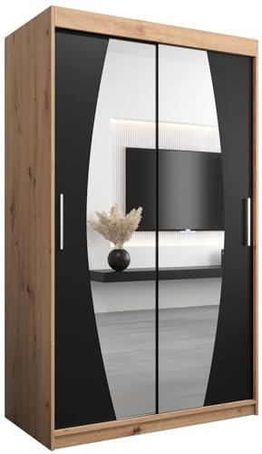 MEBLE KRYSPOL Elypse 120 Schlafzimmerschrank mit Zwei Schiebetüren, Spiegel, Kleiderstange und Regalen – 120x200x62cm - Artisan + Mattschwarz