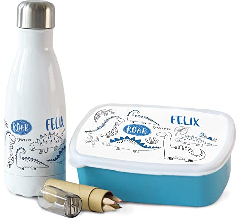 GRAZDesign Brotdose und Trinkflasche Set für Jungen | Dinosaurier | personalisierte Lunchbox mit Trennwand Wasserflasche Edelstahl 350ml | Geschenk zur Einschulung Junge Dino Brotdose