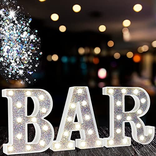 Glitter Marquee Bar Letter Signs, Illuminated Bar Letter Lights, Battery Powered for Home Decor, Wedding Decorations, Silvery