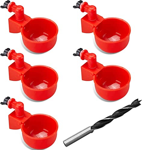 5 Stück Hühnertränke Automatische Geflügeltränke und 10mm Bohrer, DIY Hühnerwasserbecher Geflügeltränke,Automatische Geflügeltränke Set, für Hühner Enten Gänse Truthähne Taube