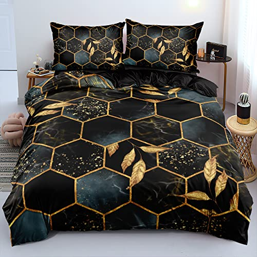 DXHOME Schwarze Bettwäsche 135x200 4teilig Gold Marmor Grau Atmungsaktive Set Geometrisches Modern Jugendliche Blattmuster Bettbezüge mit Reißverschluss und 2 Kissenbezüge 80 × 80 cm