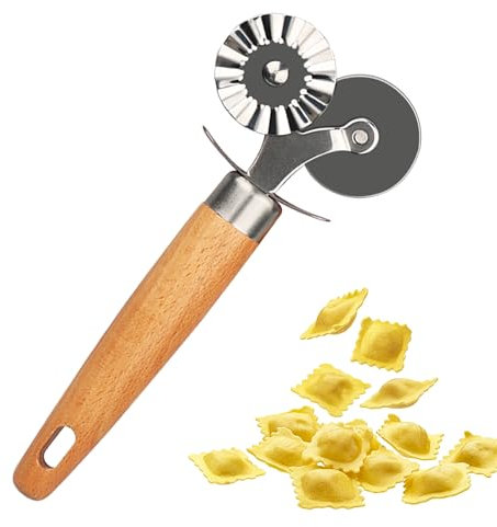 XINBADA Pastry Double Cutter Wheel - Exquisite Wooden Handle, Perfect for Pasta, Pizza, Ravioli, Cookie Cutter - Enhance Your Culinary Artistry
