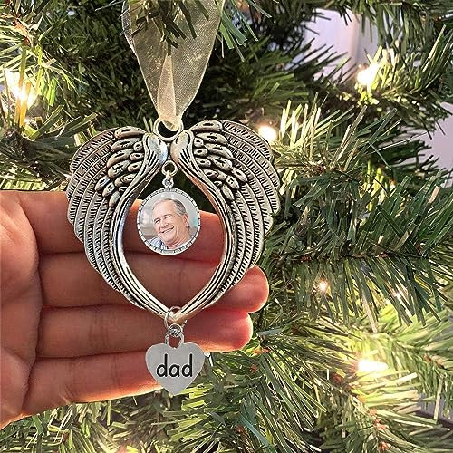 BTORER Personalized in Memory Photo Ornament, Angel Wing Pendant Heart Shape, Always in My Heart Hanging Memorial Ornament Xmas Tree Hanging Decoration in Heaven Memorial Gift (Dad)