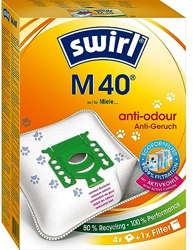 Swirl M 40 EcoPor Anti-Geruch Staubsaugerbeutel (4 Beutel), reißfeste Staubbeutel für einige Miele & Hoover Staubsauger, mit Geruchsfilter, 99,9% Filterung von Hausstaub & allergenem Feinstaub
