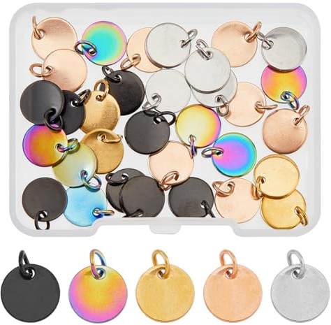 SUPERFINDINGS 40Pcs 5 Colors Blank Engrave Tag Pendants Black 304 Stainless Steel Charms with Jump Rings Flat Round Disc Rose Gold Silver Dangle Charms Message Word Tag Pendants for Jewelry Making