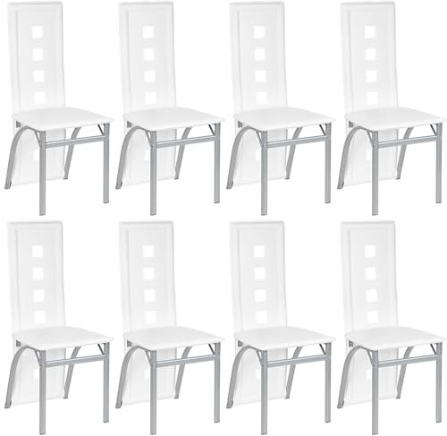 Homewell Juego de 8 sillas de comedor, asiento moderno de piel sintética con cojín suave, respaldo ergonómico con rejilla hueca, base de metal de acero inoxidable (8, blanco)