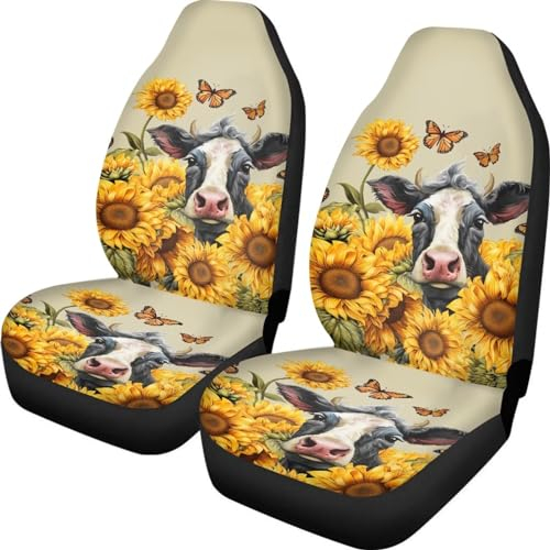Coloranimal 3D-Kuh-Autositzbezüge, 2er-Set, Vordersitze, Schmetterling, Sonnenblume, Kuh, Autositzbezüge, Schalensitz-Dekorationspads, passend für alle Autos