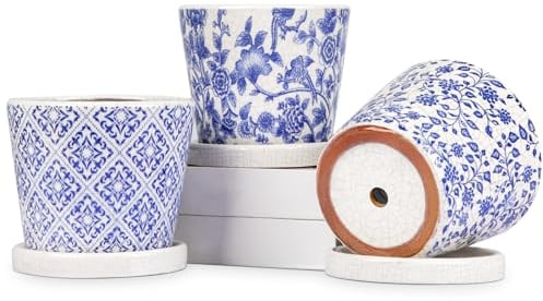 Oairse Set di 3 vasi da fiori in ceramica, rotondi, con foro di scarico e ciotola in ceramica, per piante grasse, cactus, interni, esterni, giardino, casa, davanzale, diametro 14,5 cm
