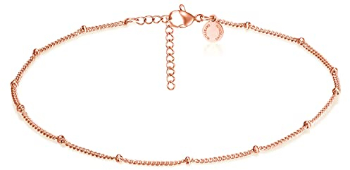 day.berlin Damen Fußkettchen Point in Rosegold 18k vergoldet, Fußkette 22cm + 5cm, variable Länge mit kleinen Kugeln aus 316L Edelstahl, nickelfrei und wasserfest