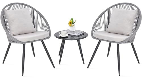 COSTWAY 3 Piece Rattan Furniture Set, String Patio Bistro Set with 2 Chairs and Glass Coffee Table, Outdoor Wicker Dining Set Conversation Table Chairs for Backyard, Porch & Garden