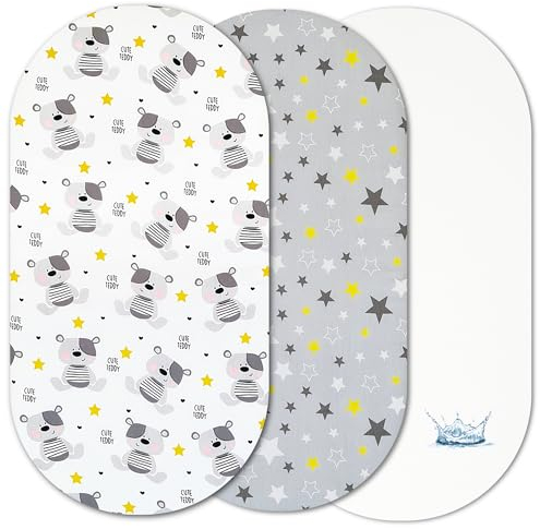 Selemavi Moses Basket Sheets – 100% Cotton, 3pc Moses Basket Bedding Set with 2 Fitted Moses Basket Sheets & 1 Waterproof Mattress Protector
