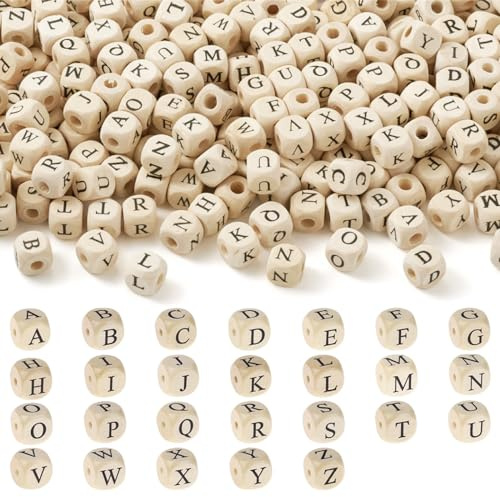 WoskjXas Buchstaben Perlen Holz, 400 Stück Quadratische Holz mit Buchstaben, 10MM Hölzerne Buchstabenperlen, Holzbuchstaben Perlen, Natur zum Basteln mit Buchstaben für Handwerk